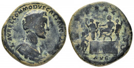 COMMODUS.(177-192).Rome.Sestertius.

Obv : M COMMODVS ANTONINVS AVG.
Laureate and cuirassed bust right, slight drapery on far shoulder.

Rev : TR P VI...