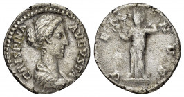 CRISPINA.(178-182).Rome.Denarius. 

Obv : CRISPINA AVGVSTA.
Draped bust right.

Rev : VENVS.
Venus standing left, holding apple and drawing robe over ...