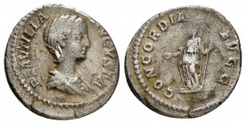 PLAUTILLA.(202-205).Rome.Denarius.

Obv : PLAVTILLA AVGVSTA.
Draped bust right.

Rev : CONCORDIA AVGG.
Concordia standing left with patera and sceptre...