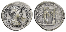 GETA.(198-209).Rome.Denarius.

Obv : P SEPT GETA CAES PONT.
Bareheaded and draped bust right.

Rev : PRINC IVVENTVTIS.
Geta standing left, holding bat...