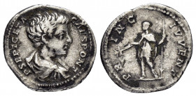 GETA.(209-211).Rome.Denarius. 

Obv : P SEPT GETA CAES PONT.
Draped and cuirassed bust right.

Rev : PR INC IVVENT.
Geta, in military dress, standing ...