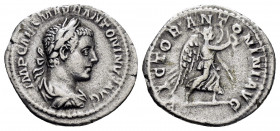 ELAGABALUS.(218-222).Rome.Denarius. 

Obv : IMP CAES M AVR ANTONINVS AVG.
Laureate, draped and cuirassed bust right.

Rev : VICTOR ANTONINI AVG.
Victo...