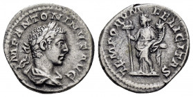 ELAGABALUS.(218-222).Rome.Denarius. 

Obv : IMP ANTONINVS AVG.
Laureate and draped bust right.

Rev : TEMPORVM FELICITAS.
Felicitas standing left with...