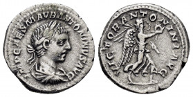 ELAGABALUS.(218-222).Rome.Denarius. 

Obv : IMP CAES ANTONINVS AVG.
Laureate and draped bust right.

Rev : VICTOR ANTONINI AVG.
Victory advancing righ...