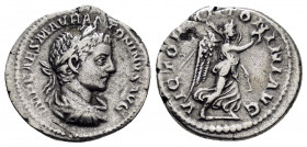 ELAGABALUS.(218-222).Rome.Denarius. 

Obv : IMP CAES M AVR ANTONINVS AVG.
Laureate, draped and cuirassed bust right.

Rev : VICTOR ANTONINI AVG.
Victo...
