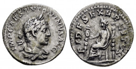 ELAGABALUS.(218-222).Rome.Denarius.

Obv : IMP CAES M AVR ANTONINVS AVG.
Laureate, draped and cuirassed bust right.

Rev : FIDES EXERCITVS.
Fides seat...