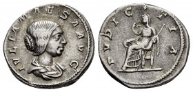 JULIA MAESA.(218-224).Rome.Denarius. 

Obv : IVLIA MAESA AVG.
Draped bust right.

Rev : PVDICITIA.
Pudicitia seated left on throne, drawing veil and h...