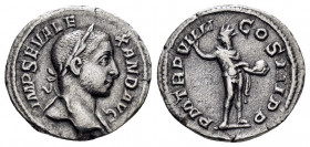 SEVERUS ALEXANDER.(222-235).Rome.Denarius.

Obv : IMP SEV ALEXAND AVG.
Laureate bust right, with slight drapery.

Rev : P M TR P VIIII COS III P P.
So...