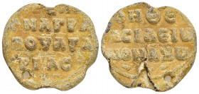 BYZANTINE LEAD SEAL.(Circa 11 th Century).Pb.

Obv : Inscription in four lines.Border of dots.

Rev : Inscription in three lines and a decoration ...
