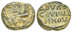 BYZANTINE LEAD SEAL.(Circa 11 th Century).Pb.

Obv : An eagle with its wings outspread.Cross above.Wreath border.

Rev : Inscription in three line...