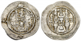 SASANIAN KINGS.VahrāmVI.(590-591).Drachm.

Obv : Bust right, wearing mural crown with frontal crescent, korymbos set on crescent, and no rear merlon; ...