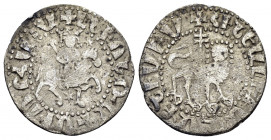 CILICIAN ARMENIA.Levon II.(1270-1289).Sis.Tram.

Obv : Levon, with head facing and holding cruciform staff, on horse prancing right. 

Rev : Lion stan...