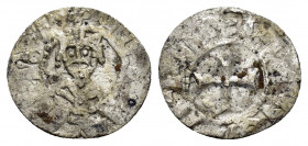 CILICIAN ARMENIA.Levon V.(1374-1375).Sis.BI Denar.

Obv : Crowned bust facing; three pellets above each shoulder.

Rev : Cross potent; line in each qu...