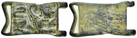 ROMAN BRONZE MILITARY BUCKLE.(1st-2nd century).Ae.

Condition : Good very fine.

Weight : 10.8 gr
Diameter : 43 mm