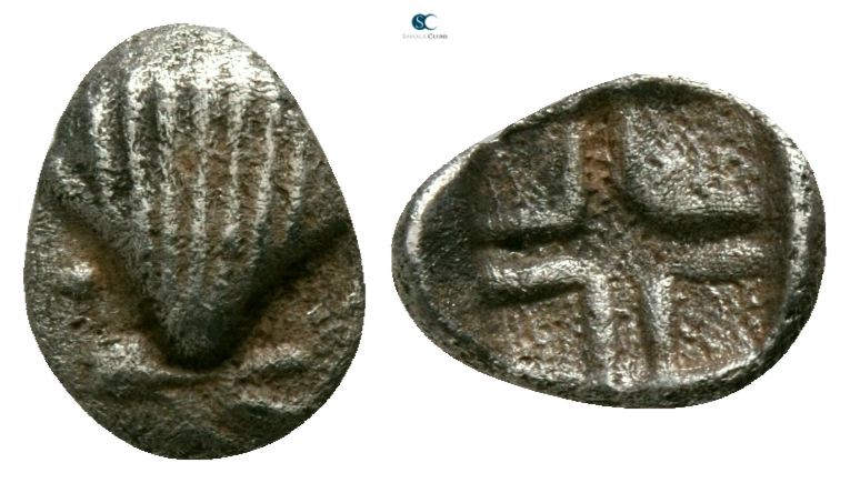 Calabria. Possibly Tarentum circa 450-350 BC. 
Hemiobol AR

6mm., 0,25g.

S...