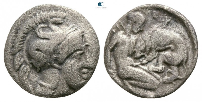 Calabria. Tarentum circa 380-325 BC. 
Diobol AR

9mm., 0,89g.

Head of Athe...