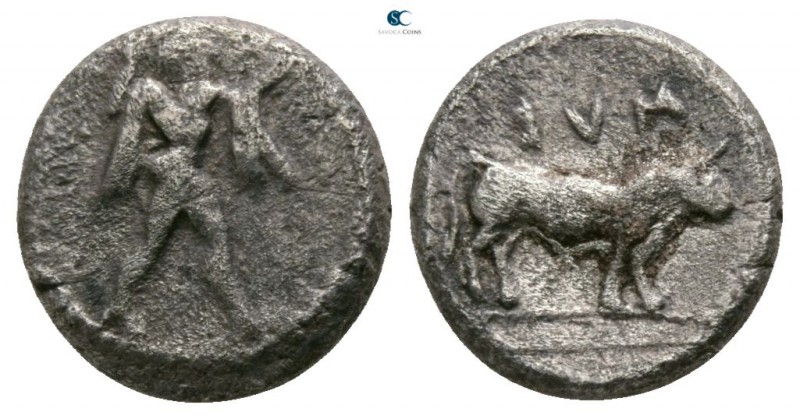 Lucania. Sybaris circa 453-448 BC. 
Triobol AR

8mm., 1,28g.

Poseidon adva...