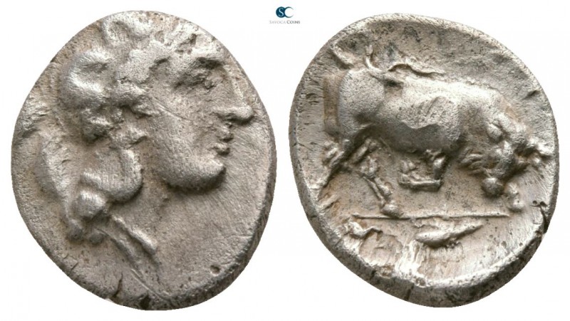 Lucania. Thourioi circa 400-350 BC. 
Triobol AR

11mm., 1,34g.

Helmeted he...