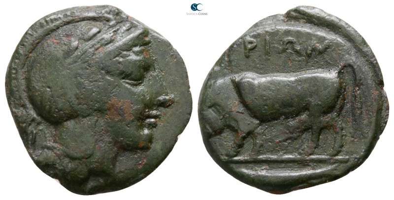 Lucania. Thourioi circa 350 BC. 
Bronze Æ

16mm., 3,18g.

Head of Athena to...