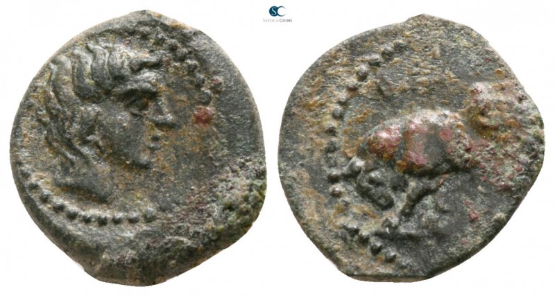 Sicily. Gela circa 420-405 BC. 
Onkia Æ

10mm., 1,45g.

Head of river god r...