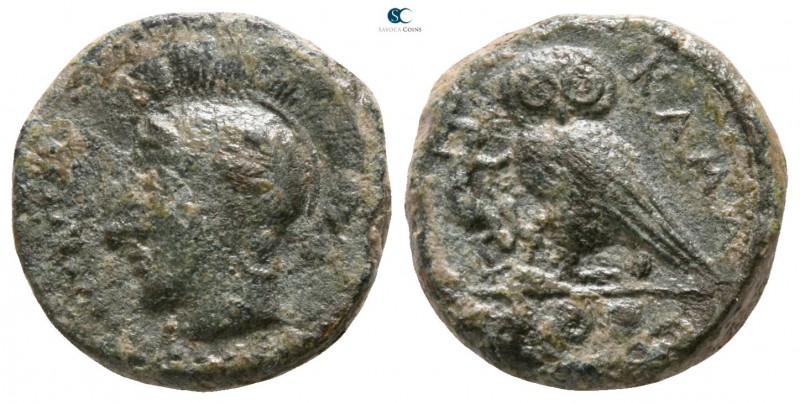 Sicily. Kamarina circa 420-405 BC. 
Tetras Æ

12mm., 3,09g.

Head of Athena...