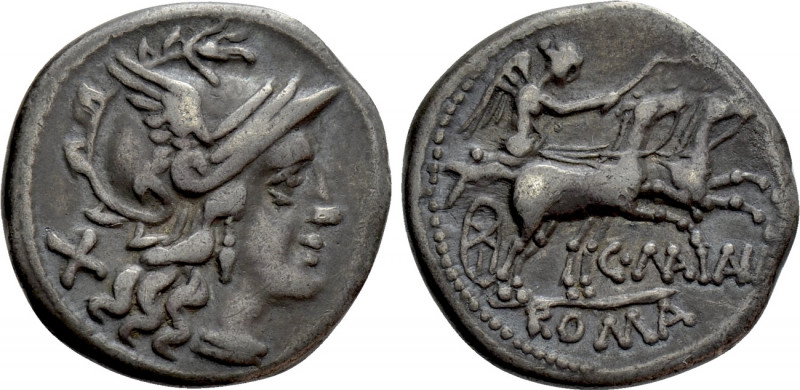 C. MAIANIUS. Denarius (153 BC). Rome. 

Obv: Helmeted head of Roma right; mark...
