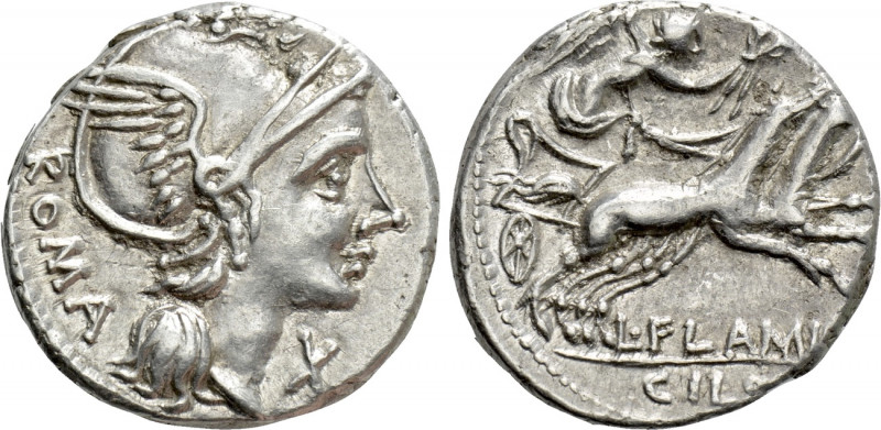 L. FLAMINIUS CHILO. Denarius (109-108 BC). Rome. 

Obv: ROMA. 
Helmeted head ...