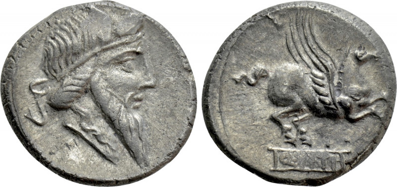 Q. TITIUS. Denarius (90 BC). Rome. 

Obv: Bearded head of Mutinus Titinus righ...