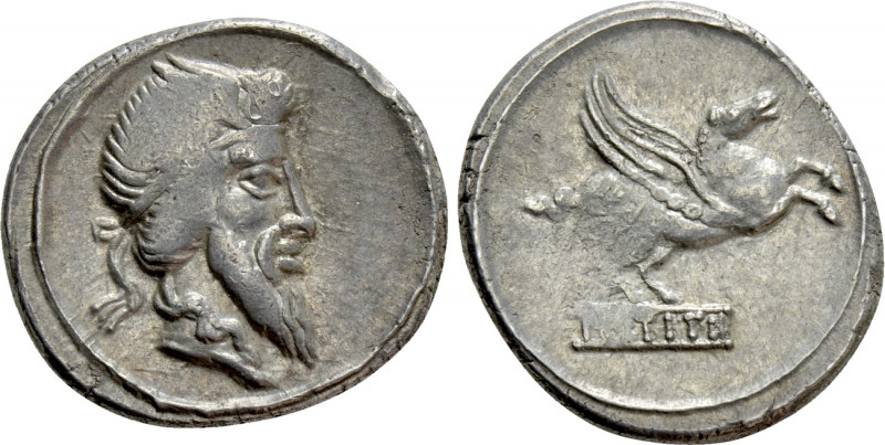 Q. TITIUS. Denarius (90 BC). Rome. 

Obv: Bearded head of Mutinus Titinus righ...