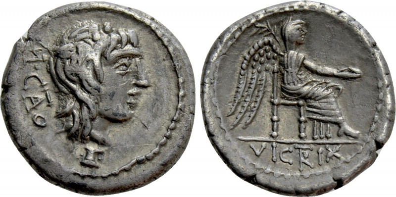 M. PORCIUS CATO (89 BC). Quinarius. Rome. 

Obv: M CATO. 
Head of Liber right...