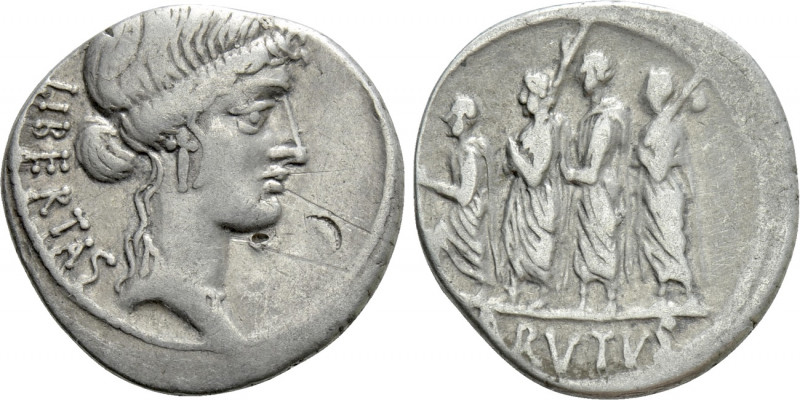 Q. SERVILIUS CAEPIO (M. JUNIUS) BRUTUS. Denarius (54 BC). Rome. 

Obv: LIBERTA...