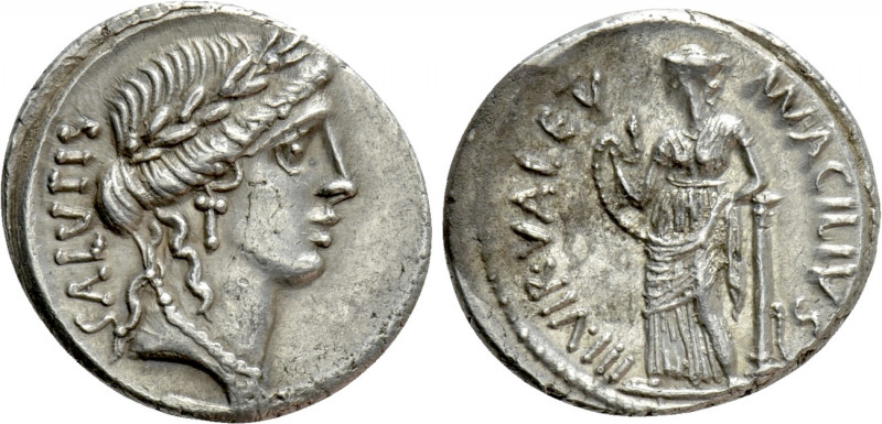 MAN. ACILIUS GLABRIO. Denarius (49 BC). Rome. 

Obv: SALVTIS. 
Laureate head ...