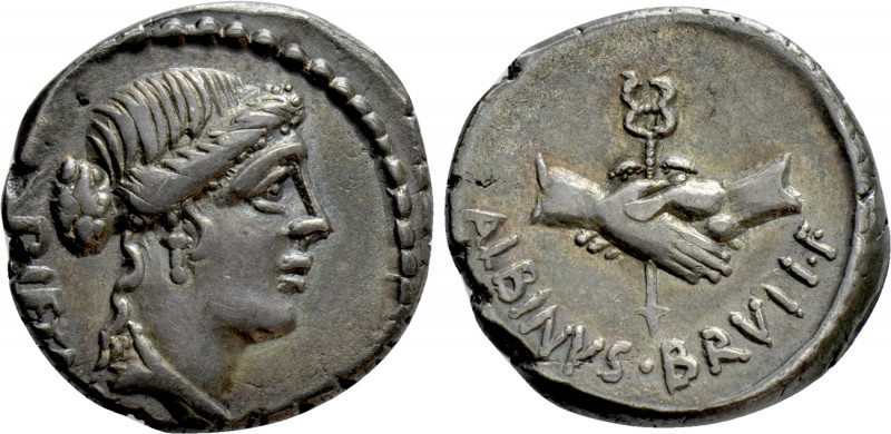 ALBINUS BRUTI F. Denarius (48 BC). Rome. 

Obv: PIETAS. 
Head of Pietas right...