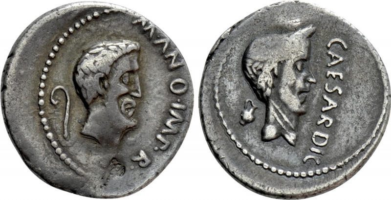 MARK ANTONY with JULIUS CAESAR. Denarius (43 BC). Military mint traveling with A...