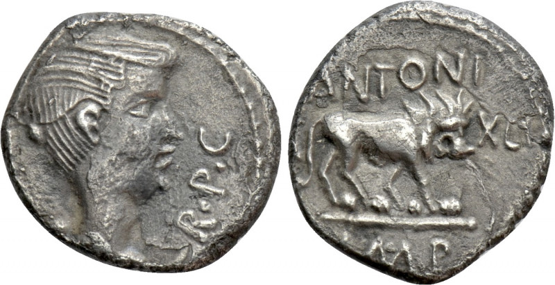 MARK ANTONY. Quinarius (42 BC). Lugdunum. 

Obv: III VIR R P C. 
Winged bust ...