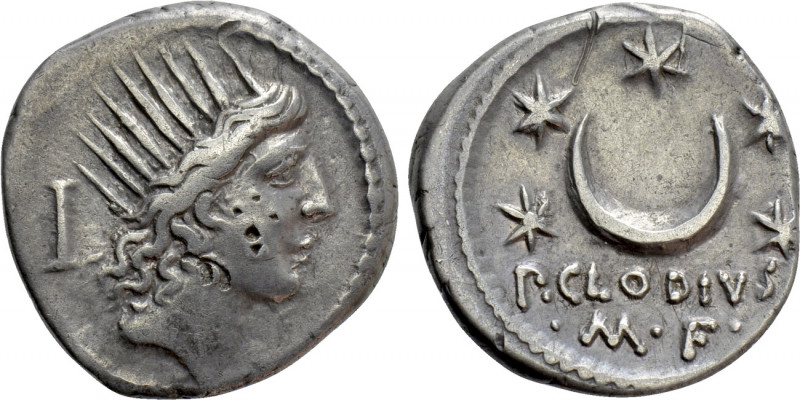 P. CLODIUS M.F. TURRINUS. Denarius (42 BC). Rome. 

Obv: Radiate head of Sol r...