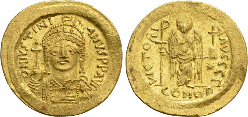 JUSTINIAN I (527-565). GOLD Solidus. Constantinople. 

Obv: D N IVSTINIANVS P ...