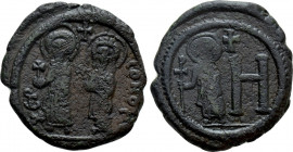 MAURICE TIBERIUS with CONSTANTIA and THEODOSIUS (582-602). Follis or 8 Pentanummia. Cherson