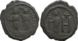 MAURICE TIBERIUS with CONSTANTINA and THEODOSIUS (582-602). Follis or 8 Pentanummia. Cherson