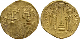 CONSTANS II with CONSTANTINE IV, HERACLIUS and TIBERIUS (641-668). GOLD Solidus. Constantinople