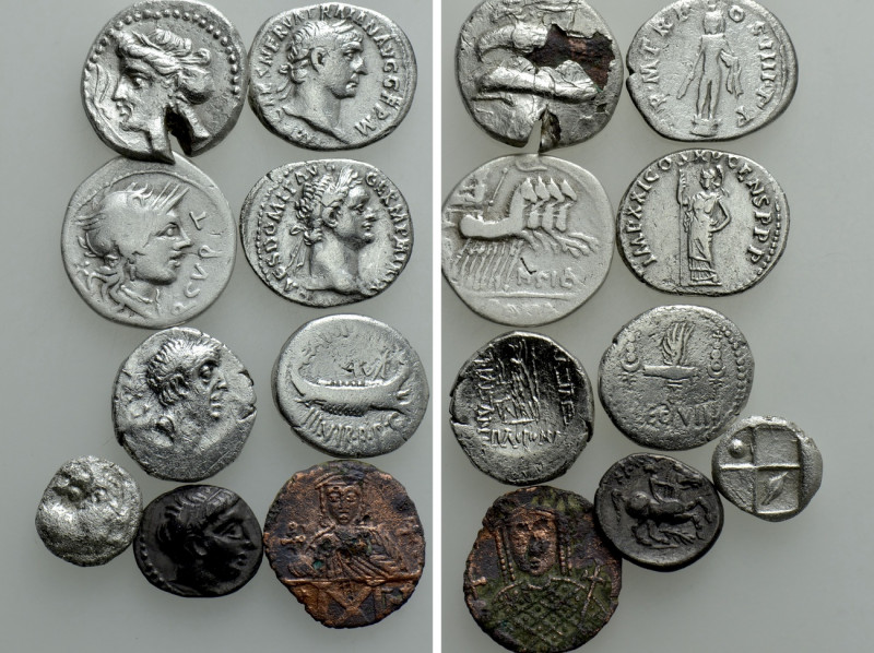9 Greek, Roman and Byzantine Coins; Including 1 Fourée and 1 Folles of Irene. 
...