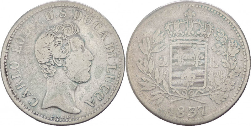Lucca - Carlo Lodovico di Borbone Duca (1824-1847) - 2 lire 1837 - MIR 258, CNI ...