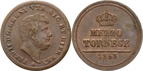 Regno delle due Sicilie - Ferdinando II (1830-1859) Mezzo Tornese 1853 del II°Tipo - Zecca di Napoli - Gig.320 - Cu - Tracce di rame rosso - gr.1,52
...