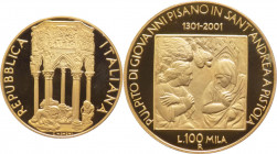 Repubblica Italiana (dal 1946) - Monetazione in lire (1946-2001) - 100.000 lire 2001 "700° Anniversario del Pulpito di Sant'Andrea in Pistoia" - Ae
F...
