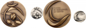 Italia - coppia di medaglie commemorative 1989 - "Evoluzione" - 130° anniversario fondazione Cassa Risparmio di Cento - Ae (70 mm) ; Ag 800 (27 mm)
F...