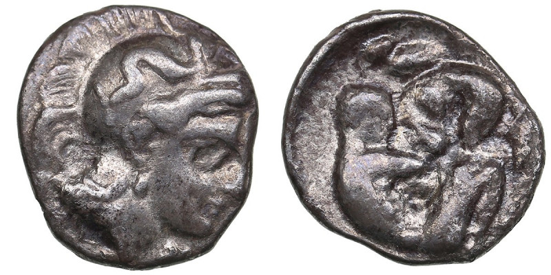 Calabria, Tarentum AR Diobol circa 325-280 BC
1.00g. 12mm. VF/VF Head of Athena ...