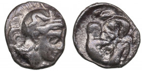 Calabria, Tarentum AR Diobol circa 325-280 BC
1.00g. 12mm. VF/VF Head of Athena right, wearing helmet decorated with Skylla./ Heracles kneeling right,...