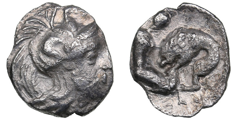 Calabria, Tarentum AR Diobol circa 325-280 BC
0.75g. 12mm. VF/VF Head of Athena ...