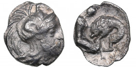 Calabria, Tarentum AR Diobol circa 325-280 BC
0.75g. 12mm. VF/VF Head of Athena right, wearing helmet decorated with Skylla./ Heracles kneeling right,...