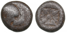 Ionia, Miletos AR Diobol circa 520-450 BC
1.15 g. 9mm. VG/VG Forepart of roaring lion to left. / Stellate pattern within incuse square.